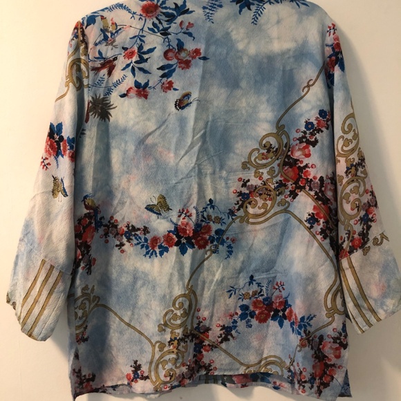 Citron floral silk button front Mandarin Collar Large - Picture 2 of 4